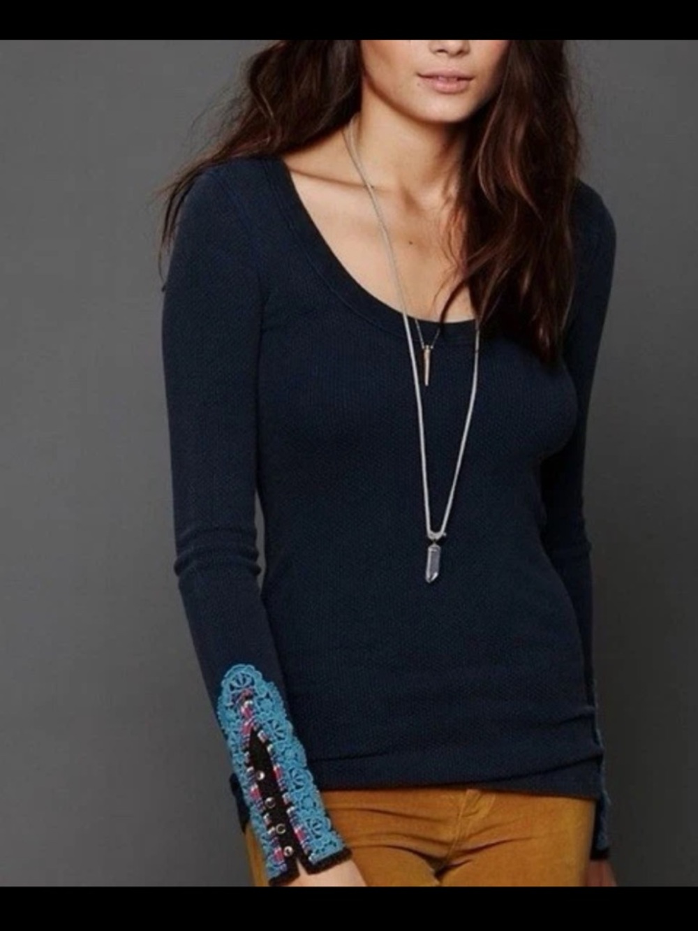 Free People Meadow Fiesta Cuff Navy Long Sleeve thermal